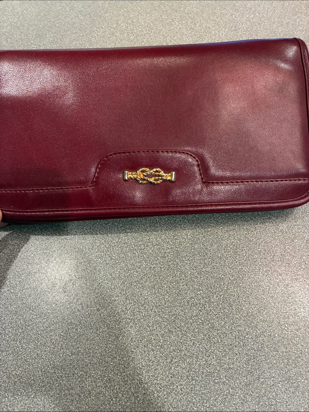 Burgundy Leather Clutch with Gold Knot Detail
